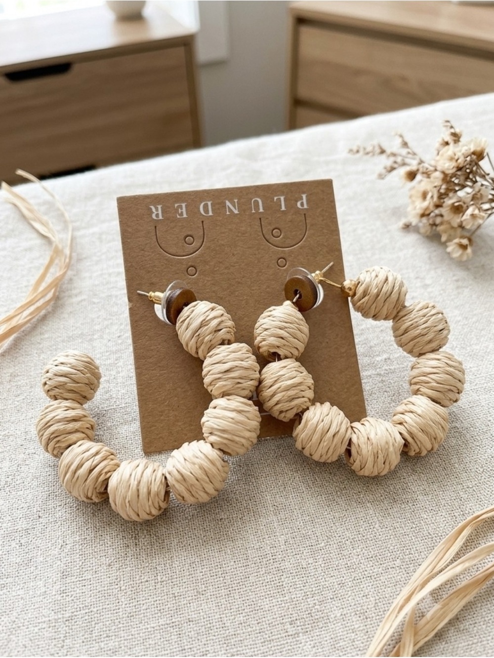 Cream Raffia Wrapped Hoop Earrings New